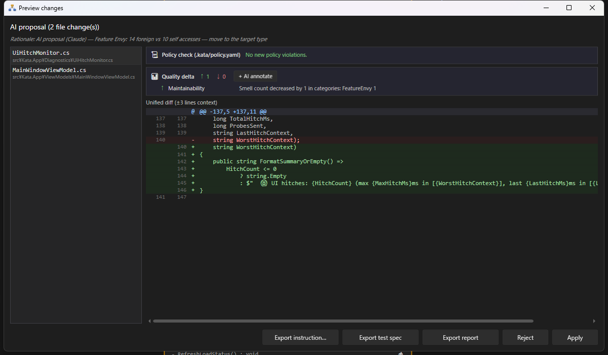 Kata AI diff preview dialog — AI-generated unified diff for MainWindowViewModel.cs, with policy check and quality delta banners above the diff and Apply / Reject / Export buttons below.