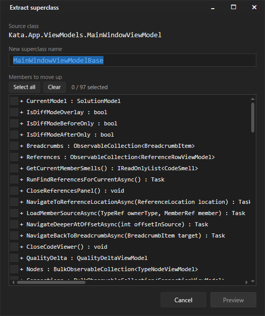Extract Superclass refactoring dialog — source class, new superclass name field, and a checkbox list of pull-up member candidates.