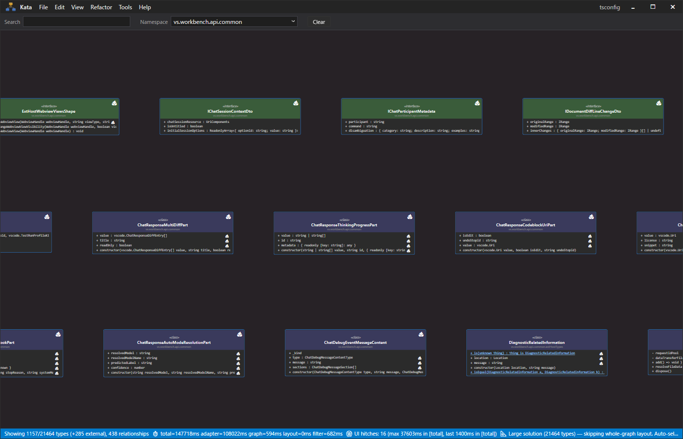 Kata rendering a 1157-type subset of VSCode's src/tsconfig.json — dark-themed class diagram with «interface» and «class» stereotypes, auto-picked namespace vs.workbench.api.common.